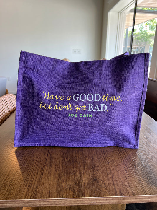 Purple Mardi Gras Tote Bag - "Have a GOOD time, but don't get BAD" - Joe Cain with Bienville Bites Food Tour Logo