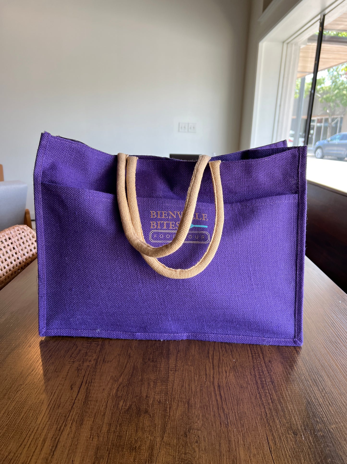 Purple Mardi Gras Tote Bag - "Have a GOOD time, but don't get BAD" - Joe Cain with Bienville Bites Food Tour Logo